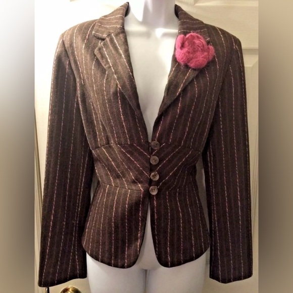 J.JILL Espresso Brown Wool Blends Blazer Pink Striped Flower Rosette Appliqué - Picture 2 of 10
